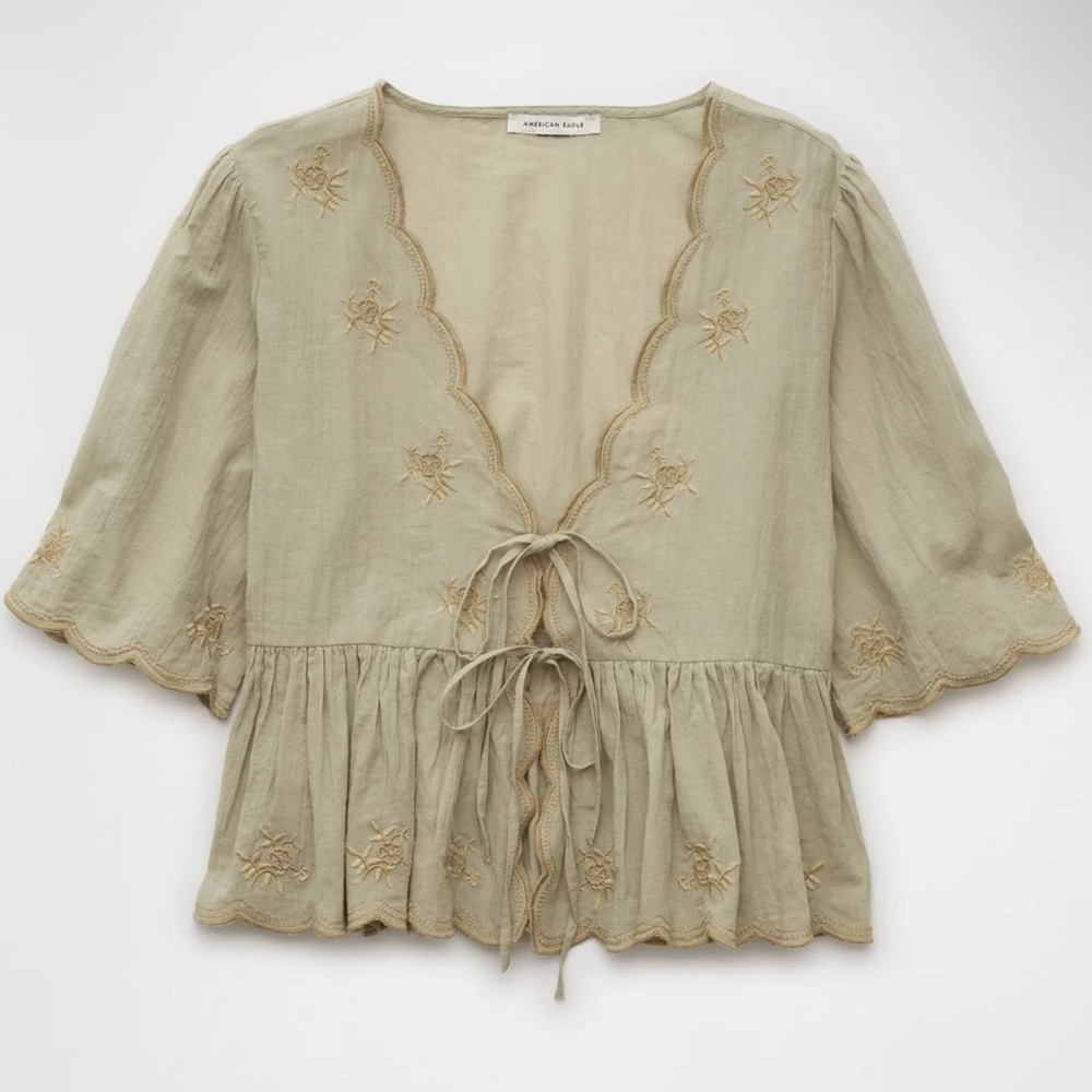 American Eagle Embroidered Tie Front V-Neck Blouse - Olive Green
